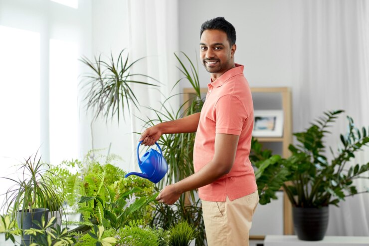 Foto homem indiano regando plantas de casa em casa