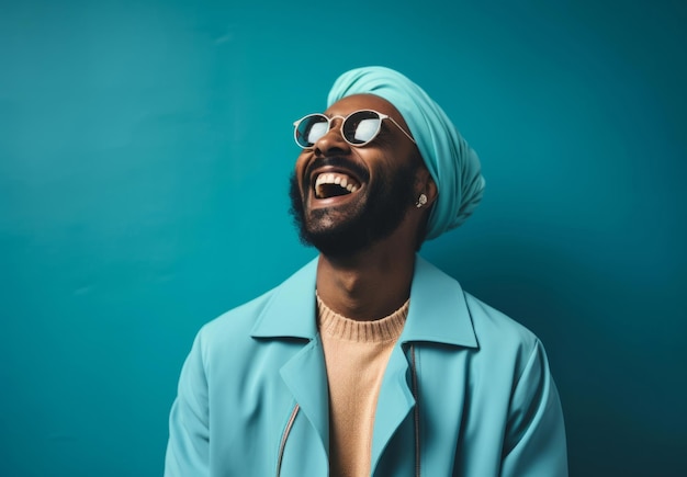 Homem indiano usando turbante azul tradicional rindo feliz conceito de religião de retrato de estúdio