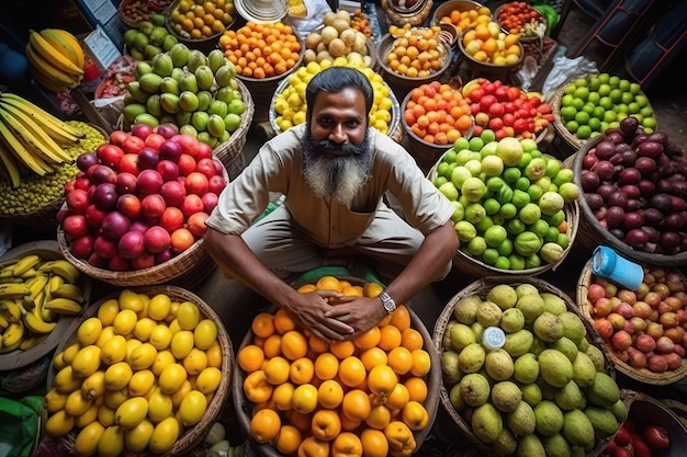 Homem indiano vendendo frutas no mercado local de frutas