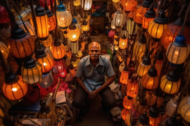 Homem indiano vendendo lanternas para o festival de Diwali