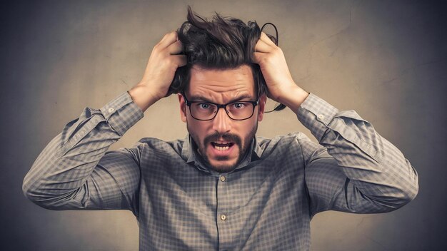 Homem indo homem rasgando o cabelo na cabeça mordendo o lábio e franzeando a testa fazendo grimaça chateada e indignada losi