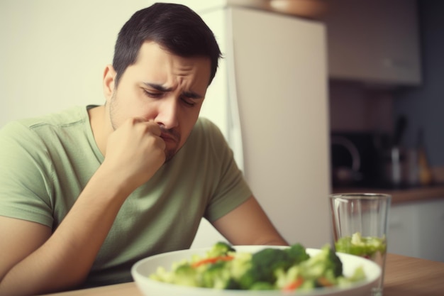 Foto homem infeliz come comida de brócolis natural orgânico gerar ai