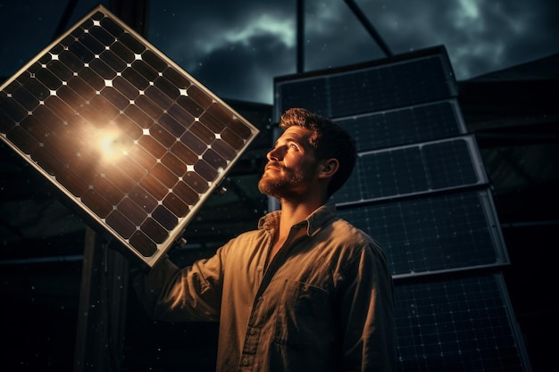 Foto homem inovador com painel solar gera ai