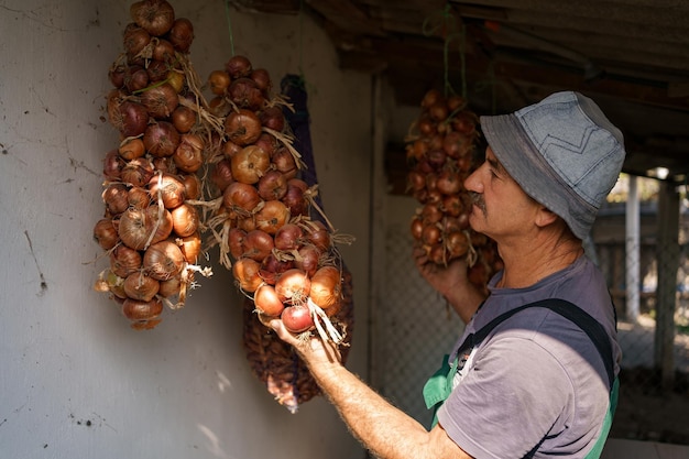 Homem inspecionando longos cachos de cebolas suspensos do teto Produtos agrícolas agricultura cultivo de vegetais orgânicos colheita armazenamento Closeup foco seletivo