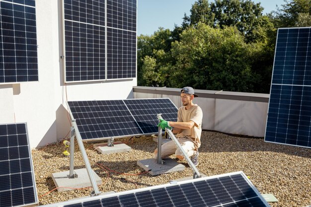 Homem instalando usina de energia solar no telhado de uma casa