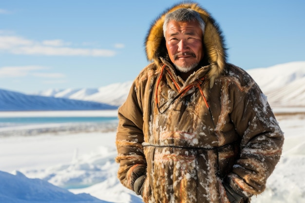 Homem inuit com roupas tradicionais de pele do Alasca