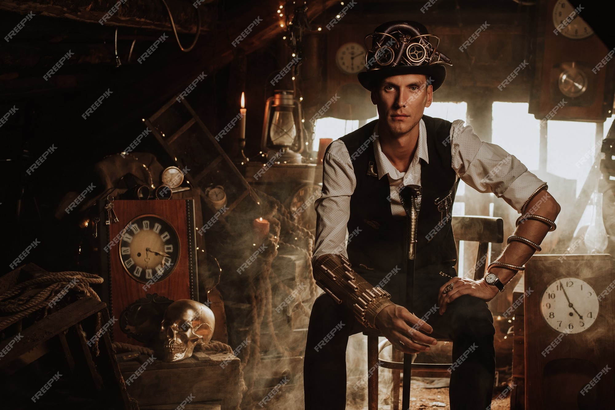 Cosplay steampunk. um inventor masculino em um terno com