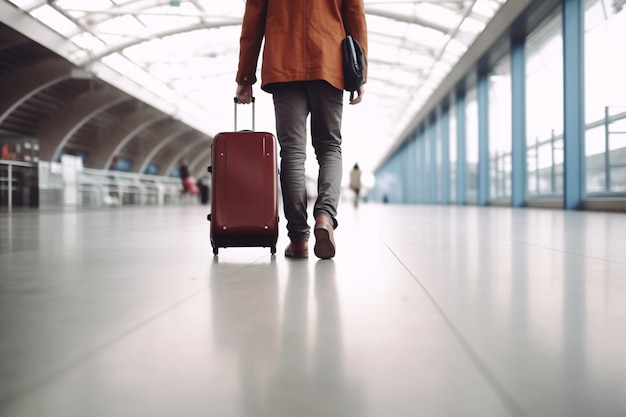 Homem irreconhecível com bolsa e mala andando na vista traseira do aeroporto