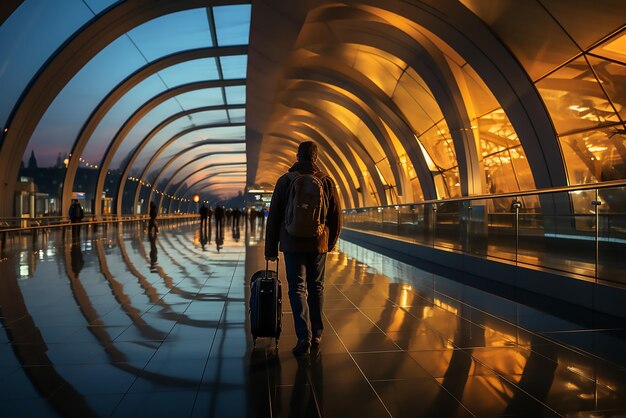 Homem irreconhecível com uma mochila e uma mala caminhando no aeroporto através da infraestrutura de transporte
