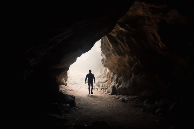 homem irreconhecível saindo da caverna