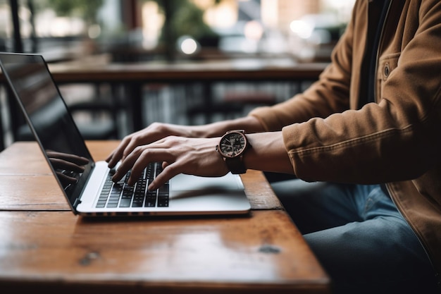 Homem irreconhecível trabalhando em um laptop enquanto desfruta de uma pausa para o café em um café da moda