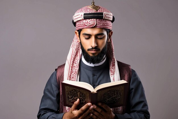 Homem islâmico lendo o Alcorão de frente