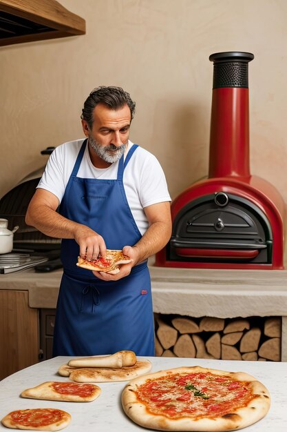 Foto homem italiano em uma roupa de cozinha preparando uma pizza as mãos empoeiradas de farinha de trigo