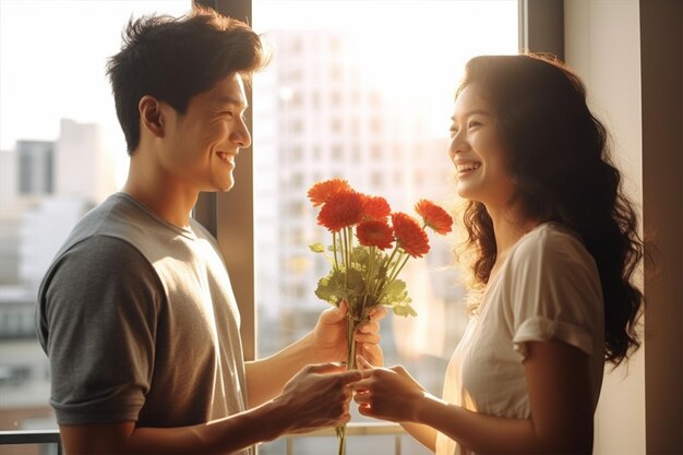 Foto homem japonês feliz dando flores a uma mulher casal asiático romântico