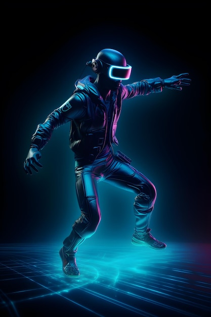 homem jogador usando óculos virtuais em fundo neon azul generativo ai