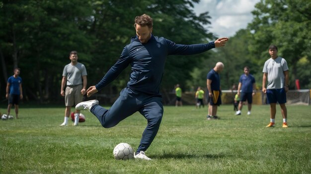 Foto homem jogando futebol no torneio do parque em mini futebol cara de terno preto