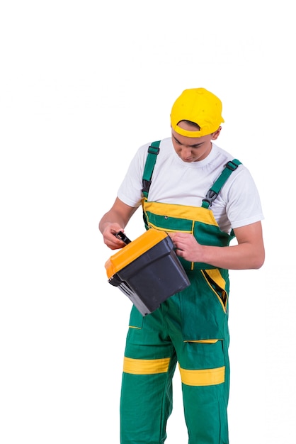 Foto homem jovem, com, toolkit, toolbox, isolado, branco