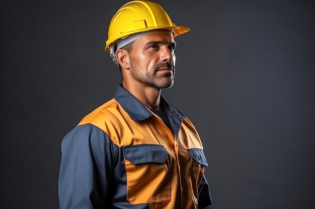 Homem jovem construtor em uniforme de construção e capacete de segurança com vista lateral