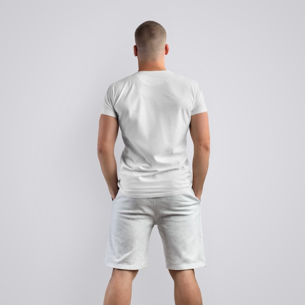 Homem jovem musculoso caucasiano em uma camiseta em branco e shorts cinza de malha em um fundo branco do estúdio. Pose de costas. O modelo pode ser usado em seu design.