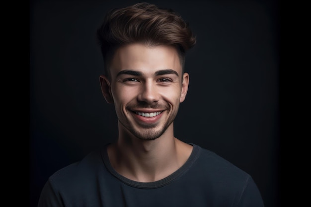 Homem jovem sorridente, amigável e atraente com um penteado moderno e elegante posando contra um fundo cinza escuro com copyspace cabeça e ombros retrato