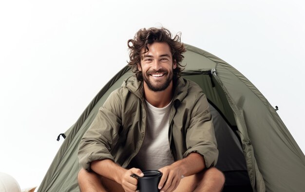 Foto homem jubilante bebe chá dentro de uma tenda aconchegante isolada em um fundo transparente png