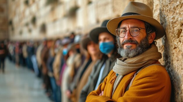 Foto homem judeu devoto orando no muro occidental de jerusalém em contemplação pacífica