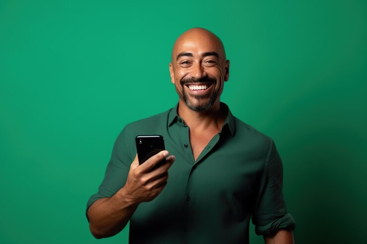 Homem latino-americano feliz com telefone no fundo do estúdio Forest Green