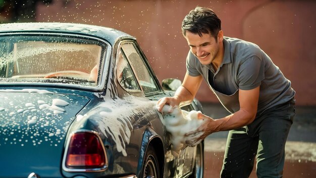 Foto homem lava carro com shampoo