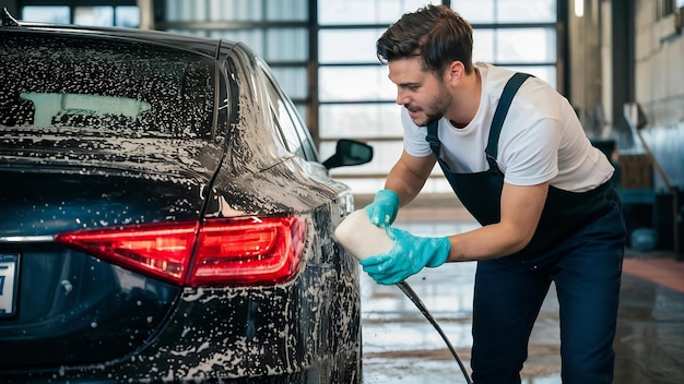 Homem lava carro com shampoo