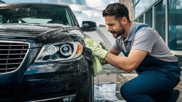 Homem lavando carro usando shampoo e água