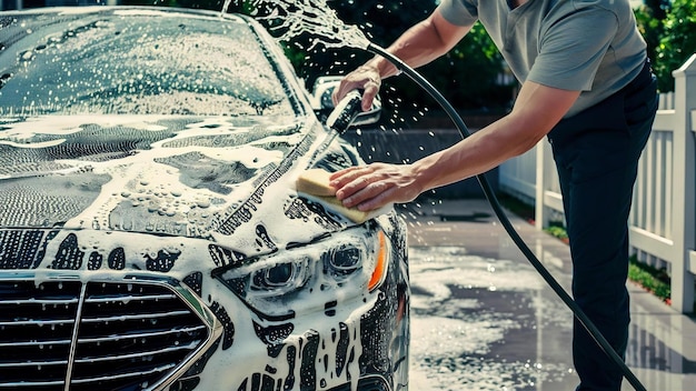 Homem lavando carro usando shampoo e água