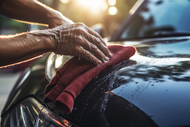 Homem lavando farol de carro com close-up de trapo na luz do sol cloth gloss serviço de lavagem automática gerar ai