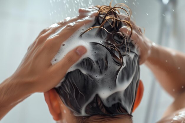 Homem lavando o cabelo com shampoo espessante