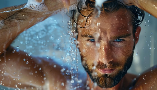 Foto homem lavando o cabelo no chuveiro