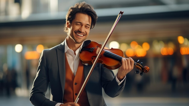 Foto homem legal, homem inteligente, sorri, vestindo um terno e tocando violino