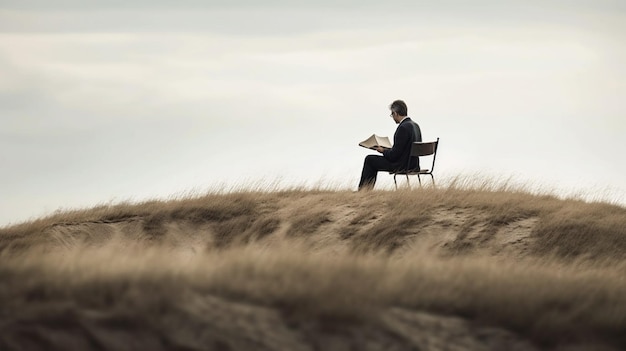 Homem lendo livro na paisagem