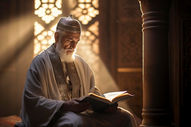 homem lendo o sagrado Alcorão na mesquita