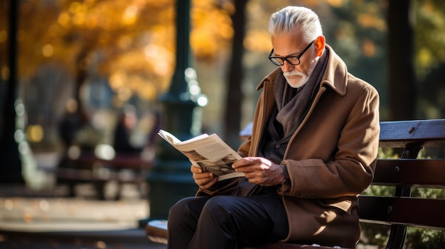 Homem lendo um jornal em um banco do parque