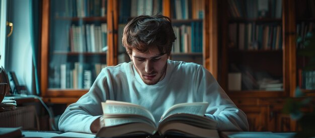 Homem lendo um livro à mesa