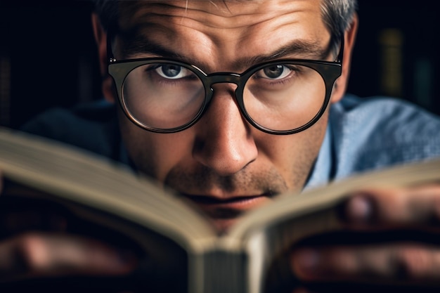 Foto homem lendo um livro com óculos