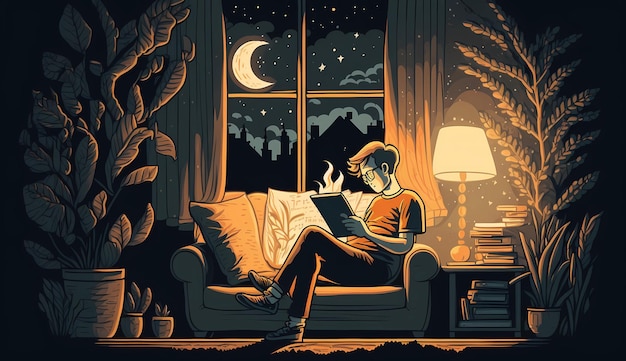 Homem lendo um livro durante a noite perto do windows generative ai