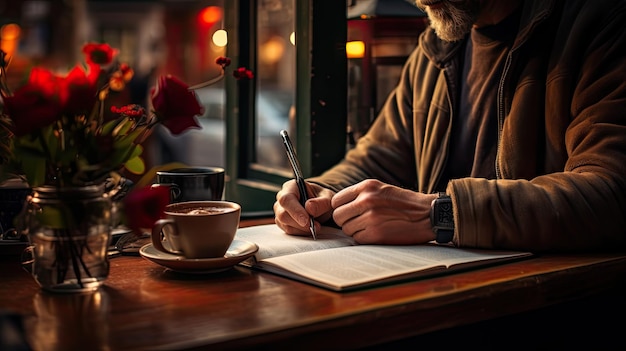 Homem lendo um livro em um restaurante relaxando com literatura durante a refeição Dia Mundial do Livro