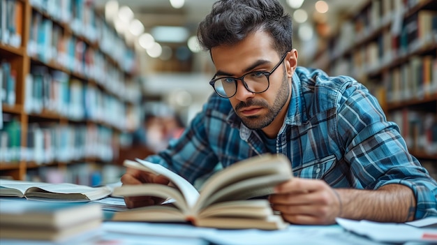 Homem lendo um livro na biblioteca