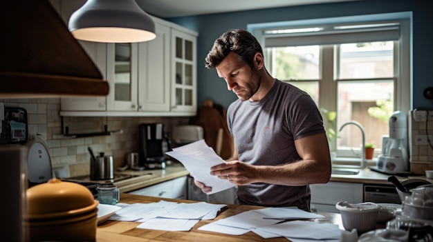 Homem lida com o pagamento de contas no final do mês em sua cozinha Criado com tecnologia de IA generativa