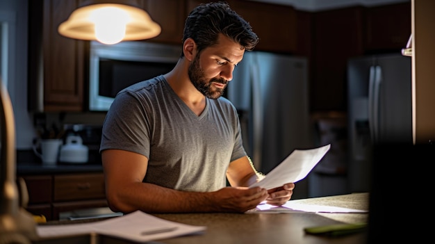 Foto homem lida com pagamento de contas no final do mês em sua cozinha criado com tecnologia generative ai