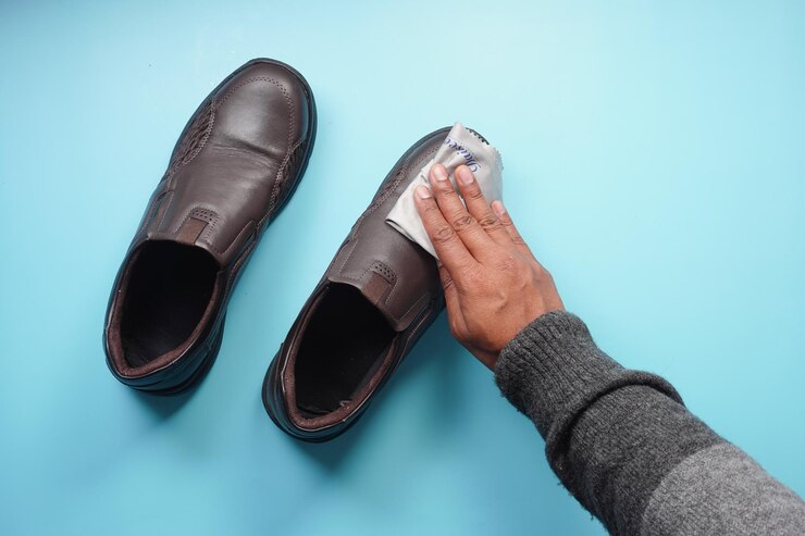 Foto homem limpa seus sapatos de couro com um pano molhado