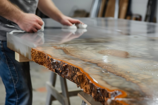 Foto homem limpando a borda de uma mesa de epóxi recém-desmoldada