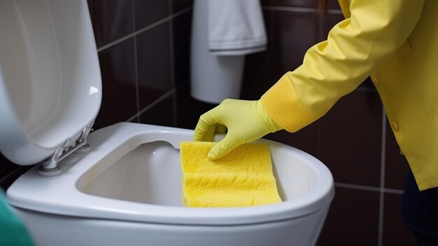 homem limpando a tigela do banheiro em close-up na casa de banho