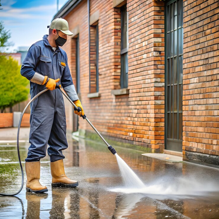 Homem limpando uma calçada de concreto usando uma lavadora a pressão