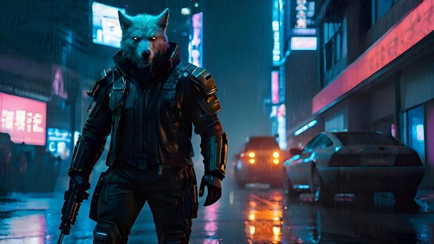 Foto homem-lobo cyberpunk